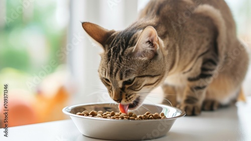 A cat that is eating out of a bowl.