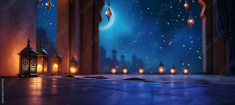 ramadan background - Lanterns amidst a Starry Sky in Mosque - Blue and Dark ramadan background - Lanterns amidst a Starry Sky in Mosque - Blue and Dark