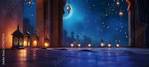 ramadan background - Lanterns amidst a Starry Sky in Mosque  - Blue and Dark