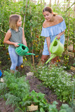 Mother, father and daughter watering plants at garden