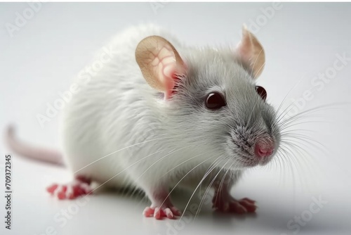 A white rat with pink feet and ears. Laboratory animal, testing model for research.