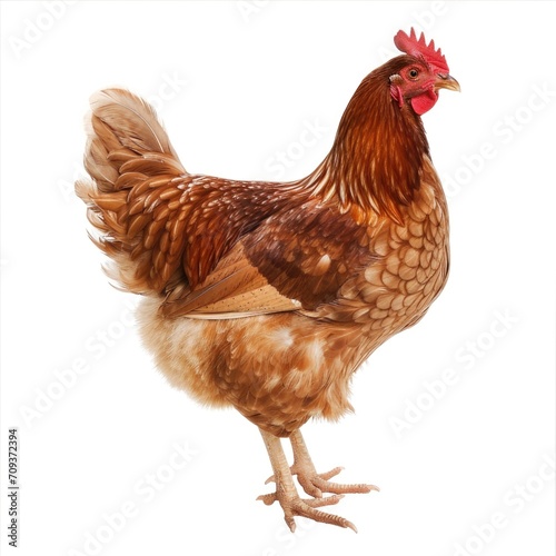 A brown chicken with a red comb on it's head.