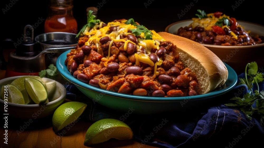Fast Food A detailed image of a loaded chili dog with hearty toppings and a perfectly toasted bun -Generative Ai Fast Food A detailed image of a loaded chili dog with hearty toppings and a perfectly toasted bun -Generative Ai