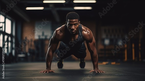 Black african american athlete doing a push up at gym photo