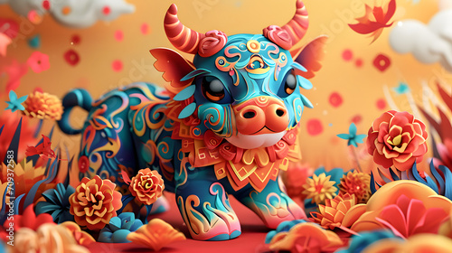 A vibrantly decorated ox figurine takes center stage among a bed of elaborate flowers. Symbolizes celebration and culture during Chinese New Year.