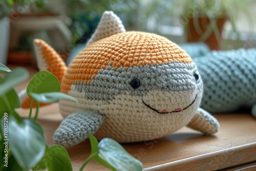 A knitted toy of a shark on a table. Handcrafted knitted miniature toy. © tilialucida
