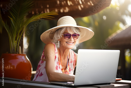 senior woman working remotely on laptop on summer vacation - happiness digital nomad remote work business lifestyle concept