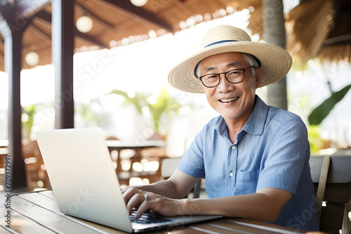 senior Asian man working remotely on laptop on summer vacation - happiness digital nomad remote work business lifestyle concept photo