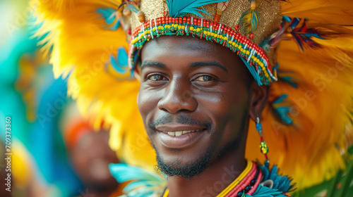 Black man samba dancer portrait during a carnival celebration.