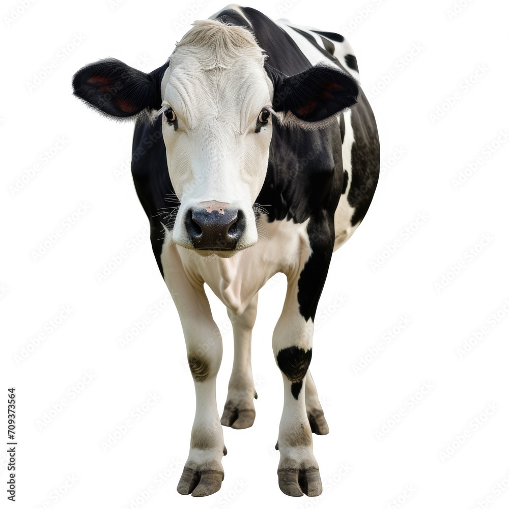 A black and white cow standing on a white surface.
