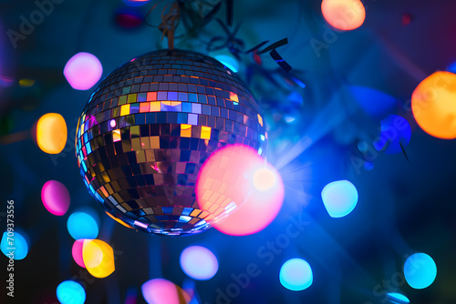 Funkelnde Tanznacht: Eine lebendige Diskokugel strahlt Glanz und Glitzer aus, schafft eine mitreißende Atmosphäre für eine unvergessliche Party- und Tanznacht photo