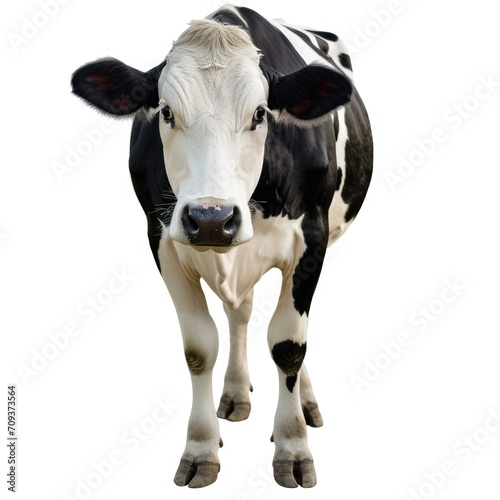 A black and white cow standing on a white surface.