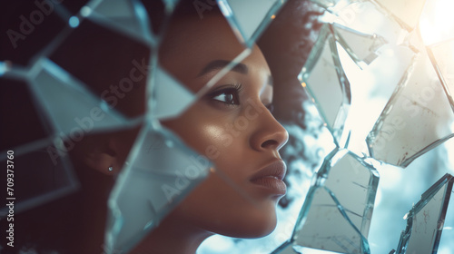 Black woman looking through a glass wall. Concept for breaking of glass ceiling in a business environments.