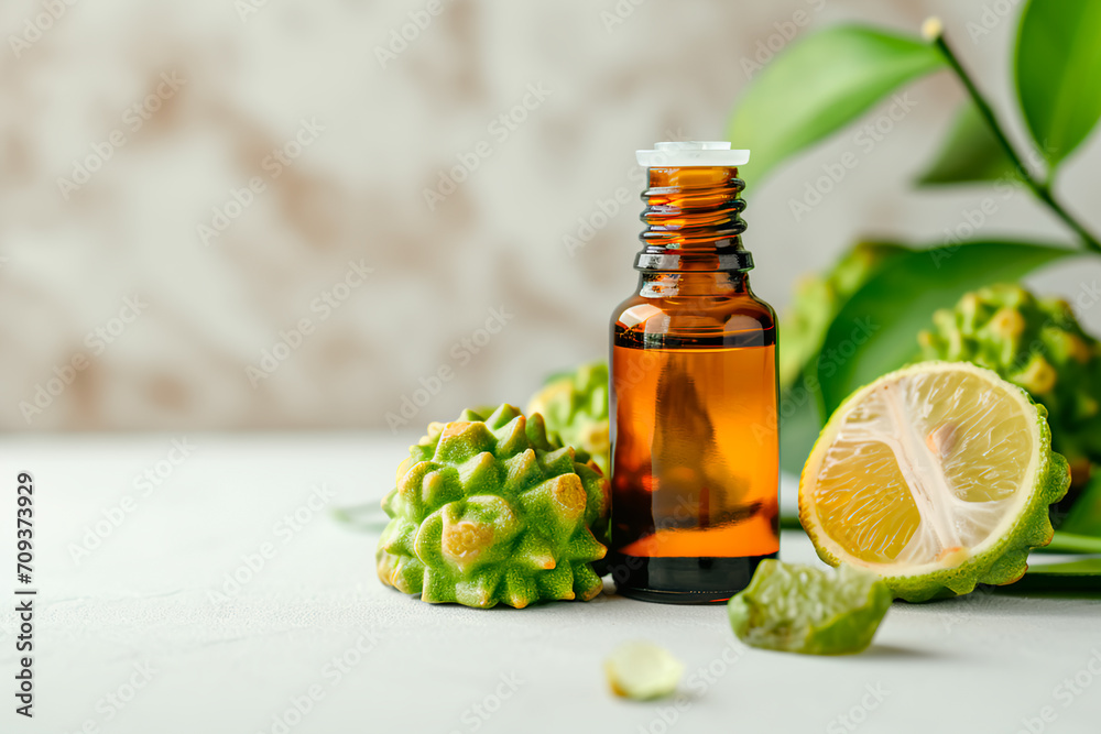 Photograph featuring Bergamot fruit and Bergamot essential oil placed on a white surface. Photograph featuring Bergamot fruit and Bergamot essential oil placed on a white surface.