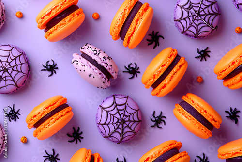 Pattern of delicious Halloween macarons in orange and purple colors with spider webs on a purple background.
