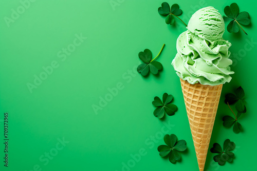 Green ice cream in a cone adorned with shamrock leaves on a green background, perfect for St. Patrick's Day.