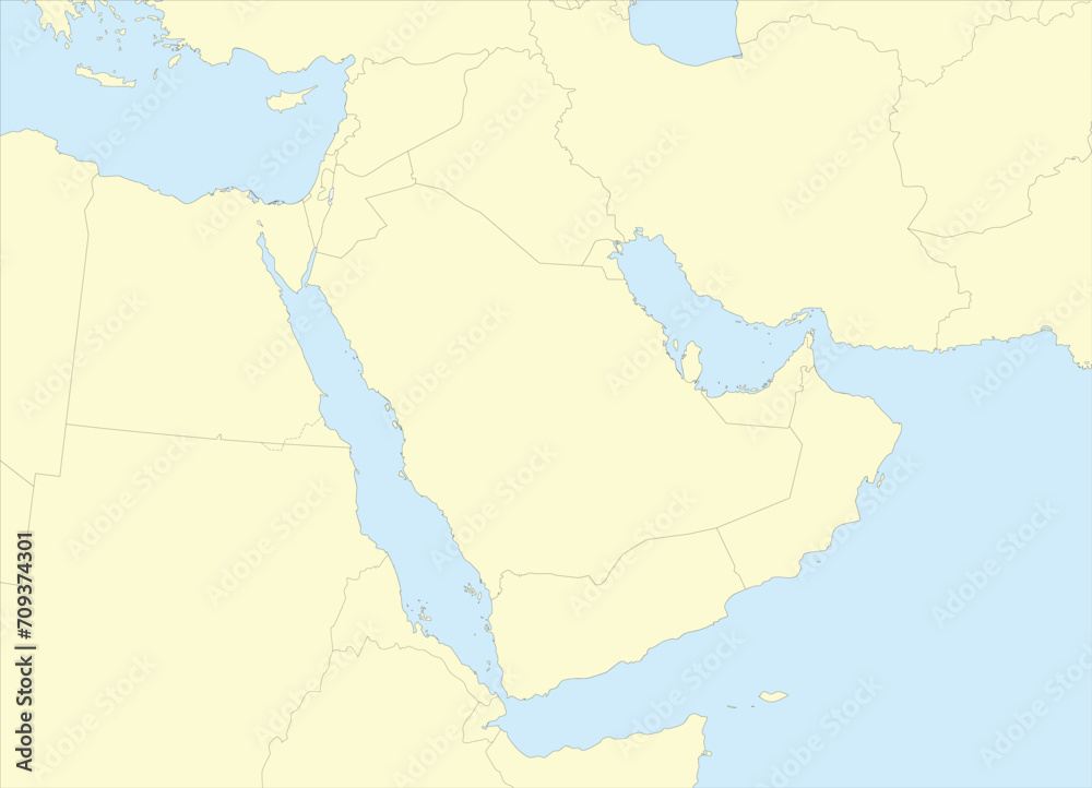 Yellow detailed CMYK blank political map of the MIDDLE EAST with black national country borders on yellow continent background and blue sea surfaces using orthographic projection