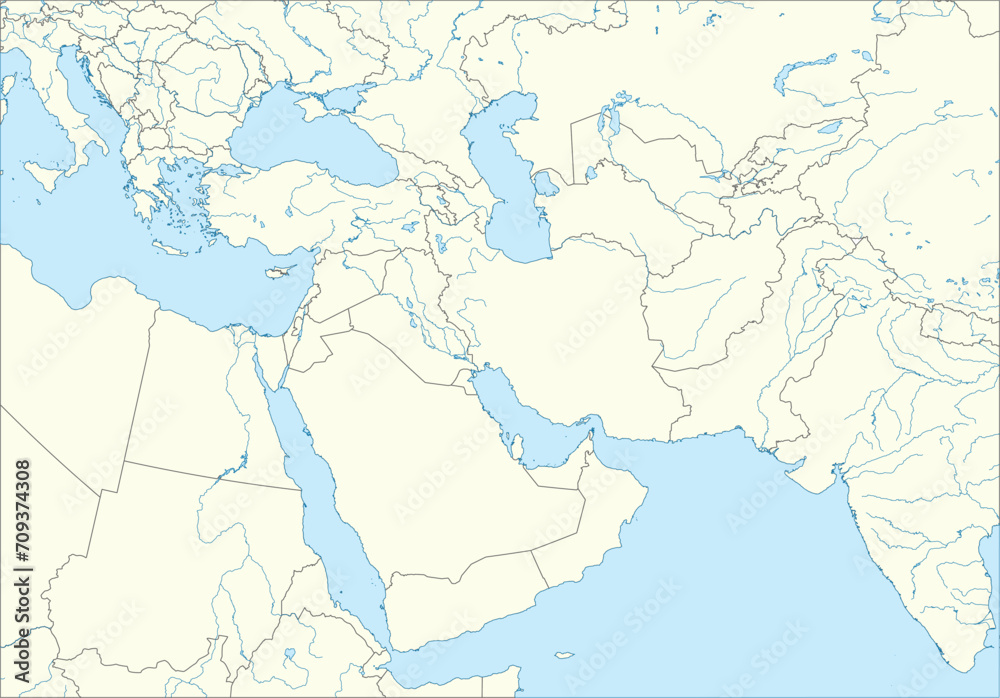White detailed CMYK blank political map of the MIDDLE EAST with black national country borders on white continent background, blue sea surfaces and rivers using orthographic projection