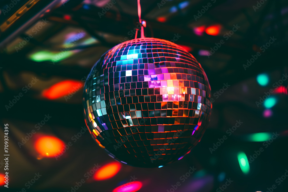 Obraz premium Funkelnde Tanznacht: Eine lebendige Diskokugel strahlt Glanz und Glitzer aus, schafft eine mitreißende Atmosphäre für eine unvergessliche Party- und Tanznacht