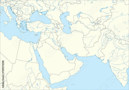 White detailed CMYK blank political map of the MIDDLE EAST with black national country borders on white continent background  blue sea surfaces and rivers using orthographic projection