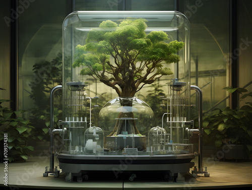 A tranquil oasis captured in a bell jar, an indoor tree flourishes within its glass walls, bringing life and nature to a window display photo