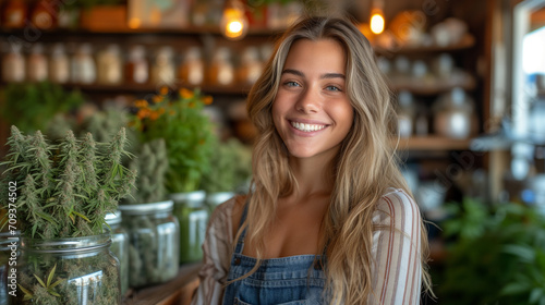 Wallpaper Mural Young woman working inside a Cannabis CBD  dispensary.  Torontodigital.ca