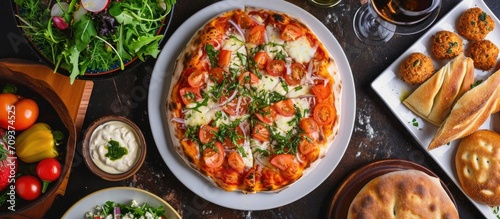Salmon and cheese pizza, buffalo margarita pinsa, falafel pinsa, vegetable salad, Roman dough, pinsa on dark brown table photo