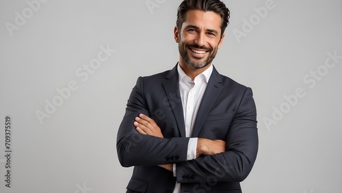 Handsome businessman in his 30s wearing a suit standing on an isolated background, advertising face for corporate companies