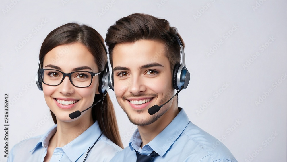 Call center employee with headset standing on an isolated background, call center ad Call center employee with headset standing on an isolated background, call center ad