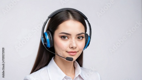 Call center employee with headset standing on an isolated background, call center ad