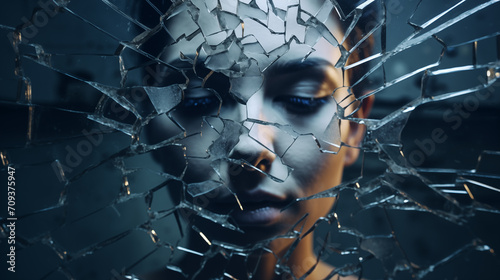 Gesicht einer Frau spiegelt sich in den Scherben eines zerbrochenen Spiegels. Unheilvolle Atmosphäre. Abstrakte surreale Illustration in kühlen gedeckten Farben photo