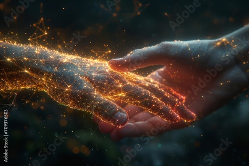 Technology cosmic handshake between a human and artificial intelligence robot