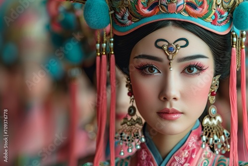 Traditional Chinese Opera Performance: Asian Woman Dressed in Oriental Colorful Costume