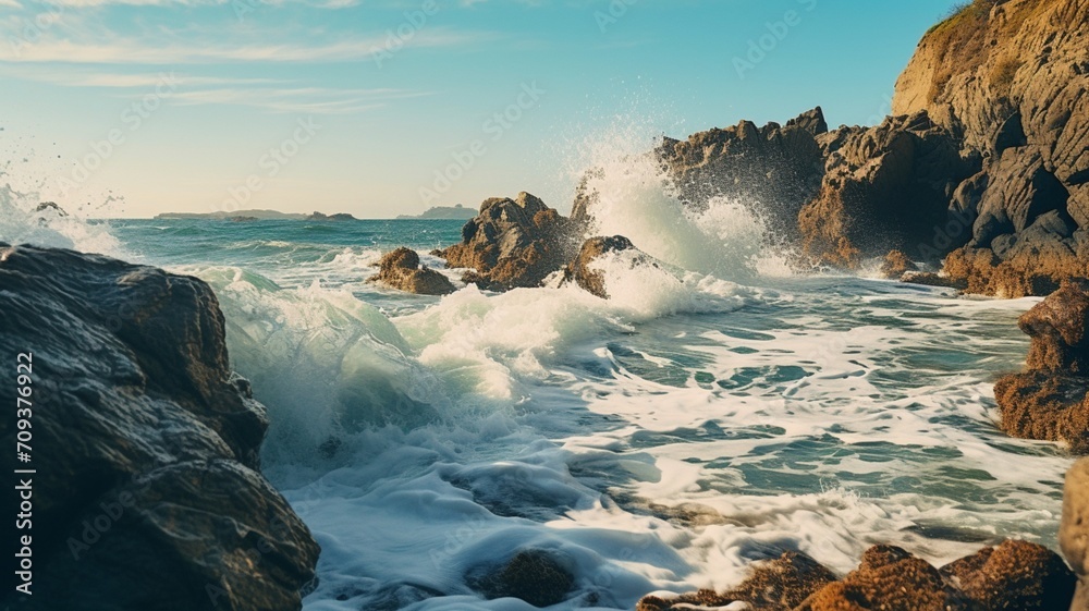 A dynamic shot of waves crashing against rugged coastal rocks -Generative Ai
