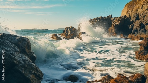 A dynamic shot of waves crashing against rugged coastal rocks -Generative Ai