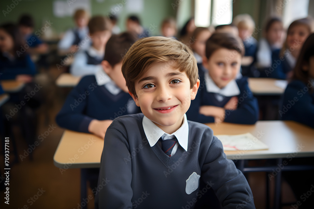 Fototapeta premium Portrait of student boy smiling in class at the elementary school