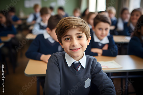 Portrait of student boy smiling in class at the elementary school