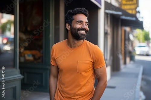 Portrait of a handsome man in an orange t-shirt smiling