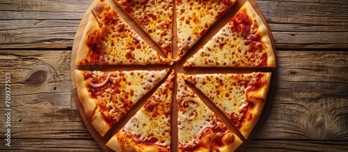 Pizza slices arranged in a hexagonal pattern on a wooden table, as seen from above.