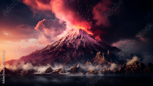 Powerful volcanic eruption. Lava going down photo