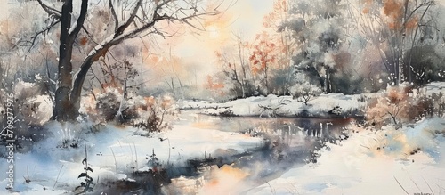 Original watercolor painting of a winter landscape.