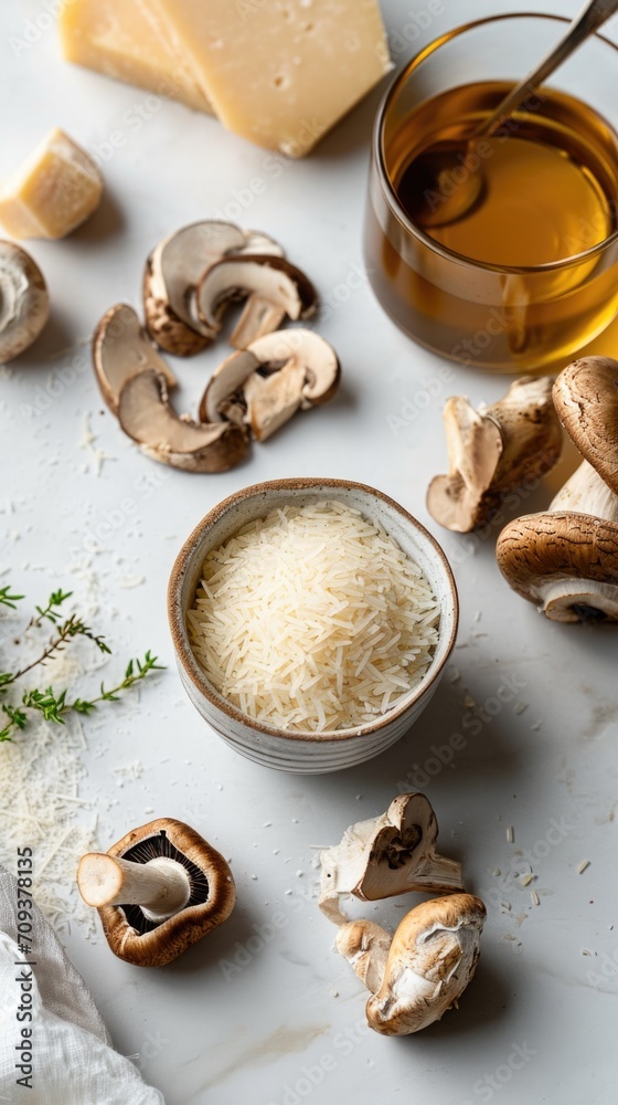 A table topped with a bowl of cheese and mushrooms.