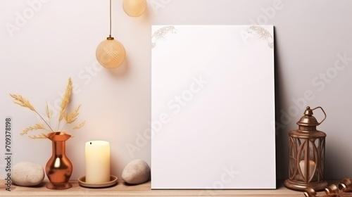 Greeting card paper template leaning against the wall, themed Ramadan Kareem, the Islamic holiday, decorated with hanging lantern ornaments and interior decorative pots on a wooden table.