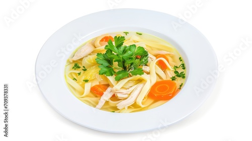 A bowl of chicken noodle with carrots and parsley.