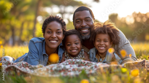 Happy black family in the park. Parents and two kids having a picnic day. photo