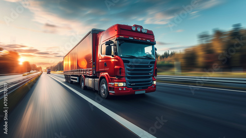 Fast moving freight liner truck on a highway. Motion blurred background. photo