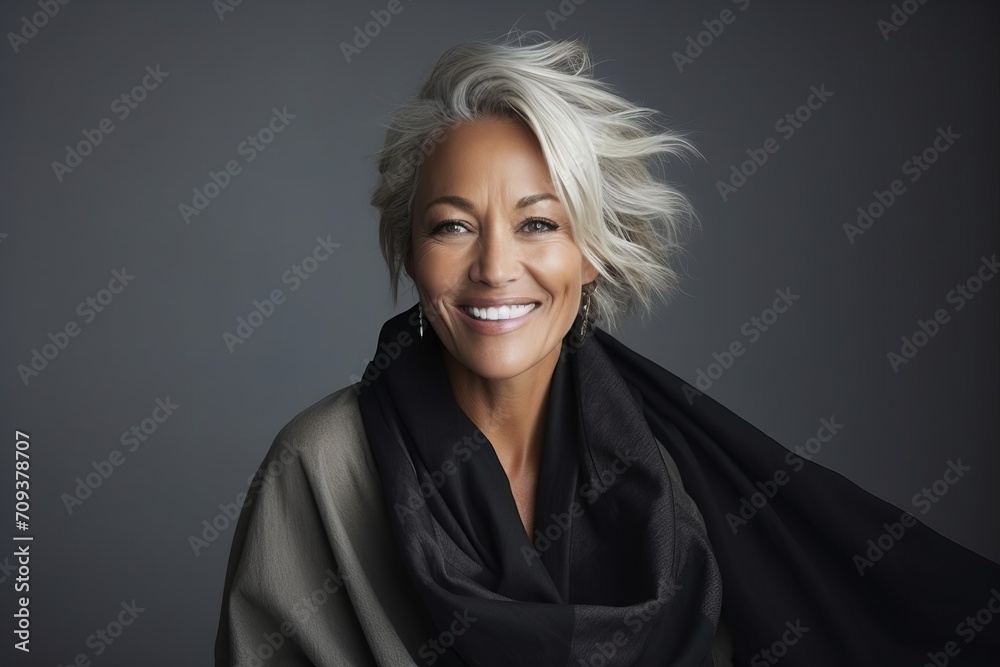 Portrait of a beautiful middle-aged woman wearing a black silk scarf Portrait of a beautiful middle-aged woman wearing a black silk scarf