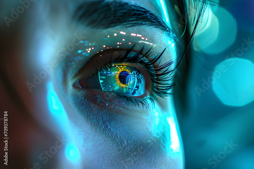 close up of woman's face with futuristic augmented eye - future technology concept