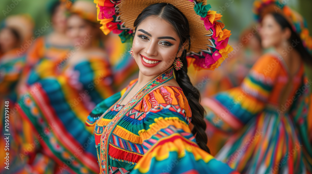 Woman in traditional Mexican colorful dress dancing at a festival.