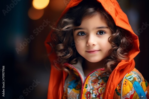 Portrait of a beautiful little girl with curly hair in a bright raincoat.